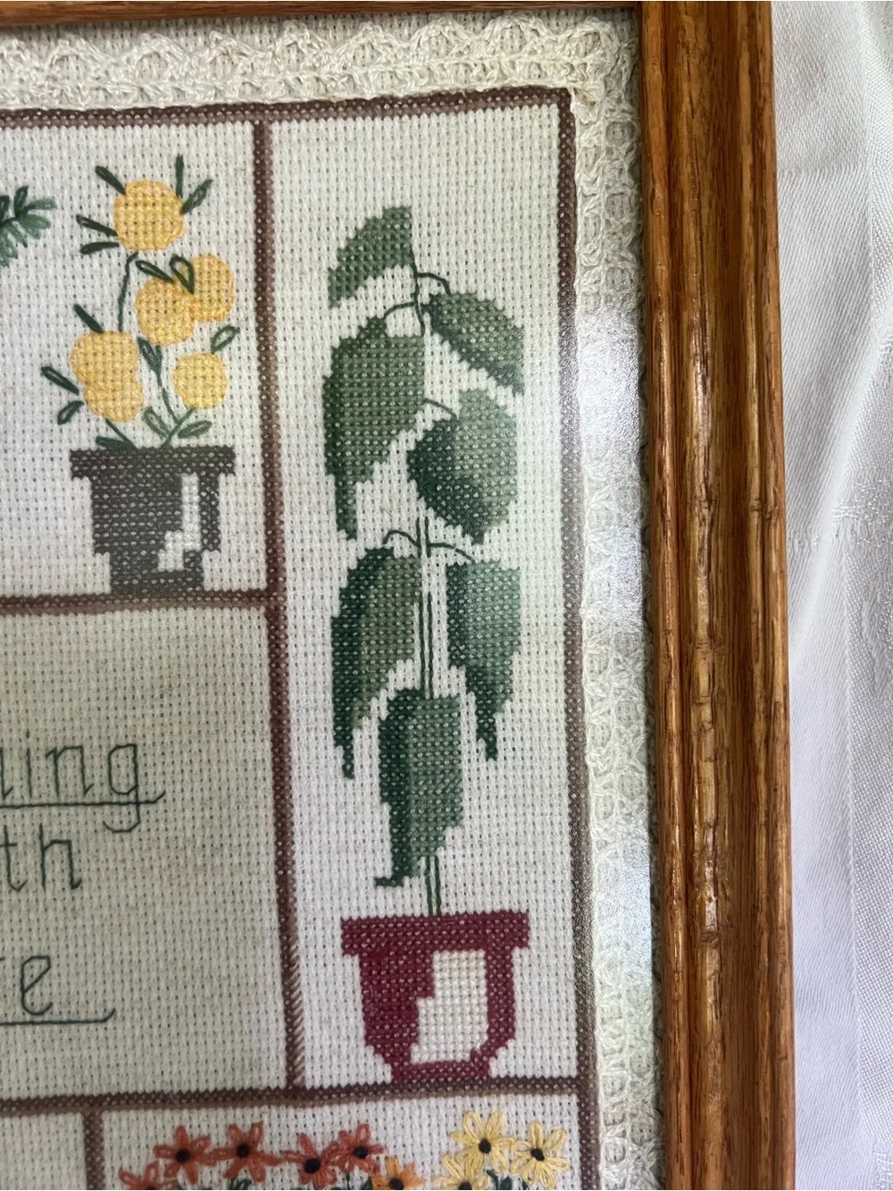 Framed Floral Cross-Stitch Wall Art - Brown Frame, Multicolor